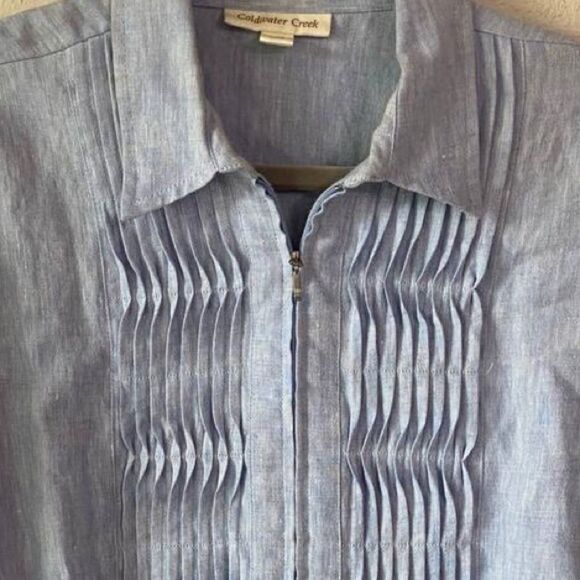 Coldwater Creek 100% Linen Pintuck Zip Front Blouse L Petite Lagenlook Beach - Picture 5 of 5